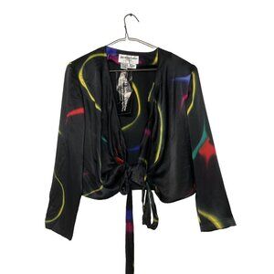 Aliki Yamani Silk Wrap Tie Front Blouse Top Women's M Black Multicolor NWT